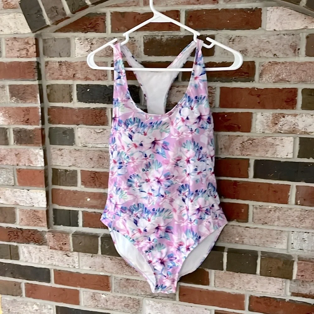 NICOLE MILLER Purple Periwinkle   Floral Racerback One Piece Swimsuit NWOT